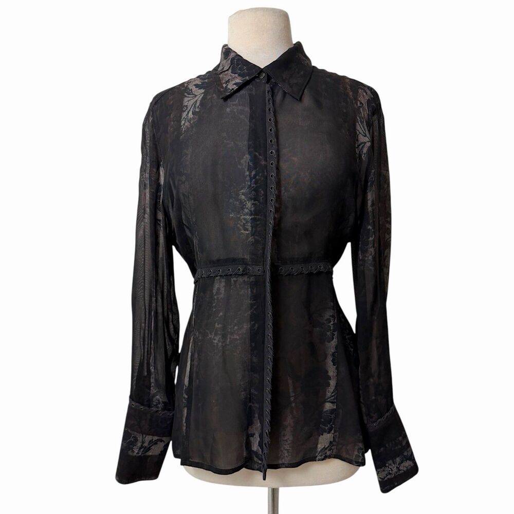 A’nue Ligne VTG Sheer Floral Burnout Blouse Black Brown Gothic Lace Trim Top L